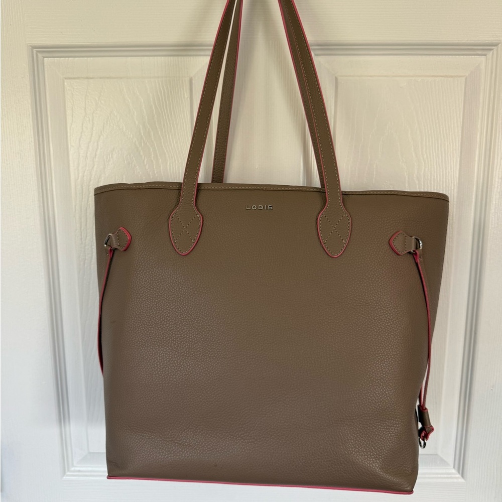 Lodis Taupe Tote with Red Trim